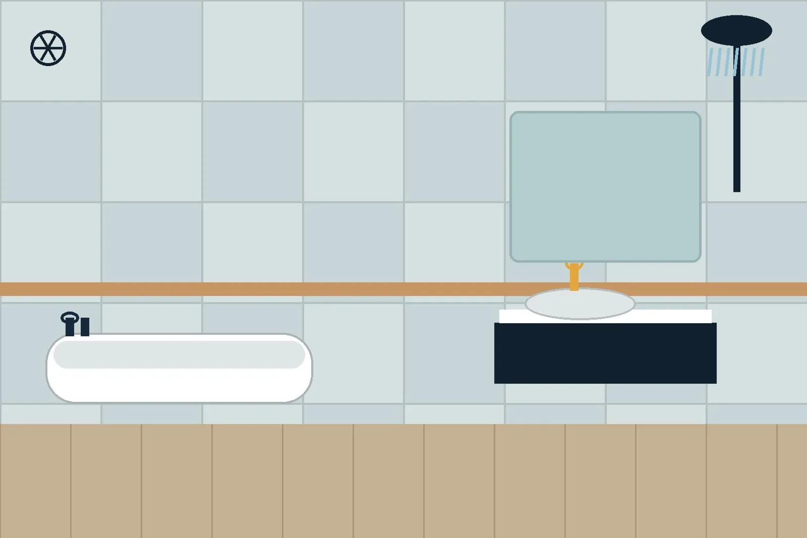 A newly tiled bathroom with a freestanding bath, vanity basin and rainfall shower head