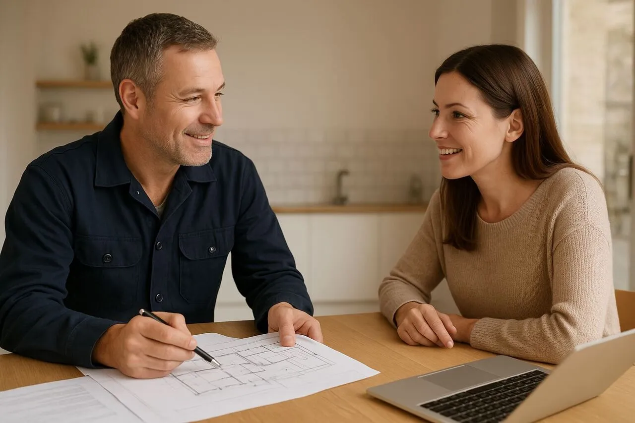 Homeowner and builder reviewing a written payment schedule together