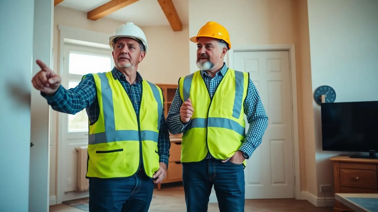 Professional builder and client viewing property together during inspection