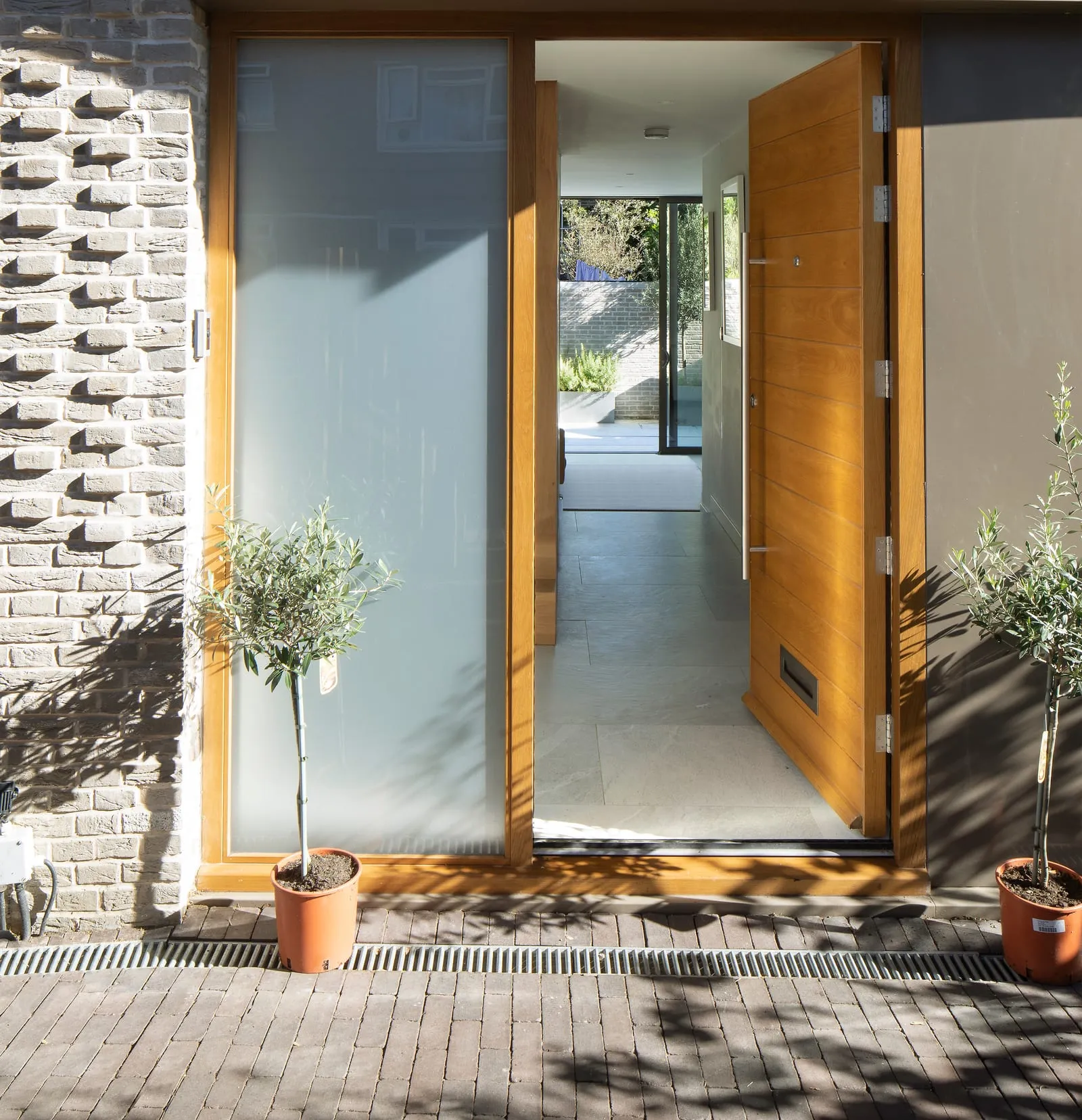 Entrance of a recent project — oak front door and frosted glazing