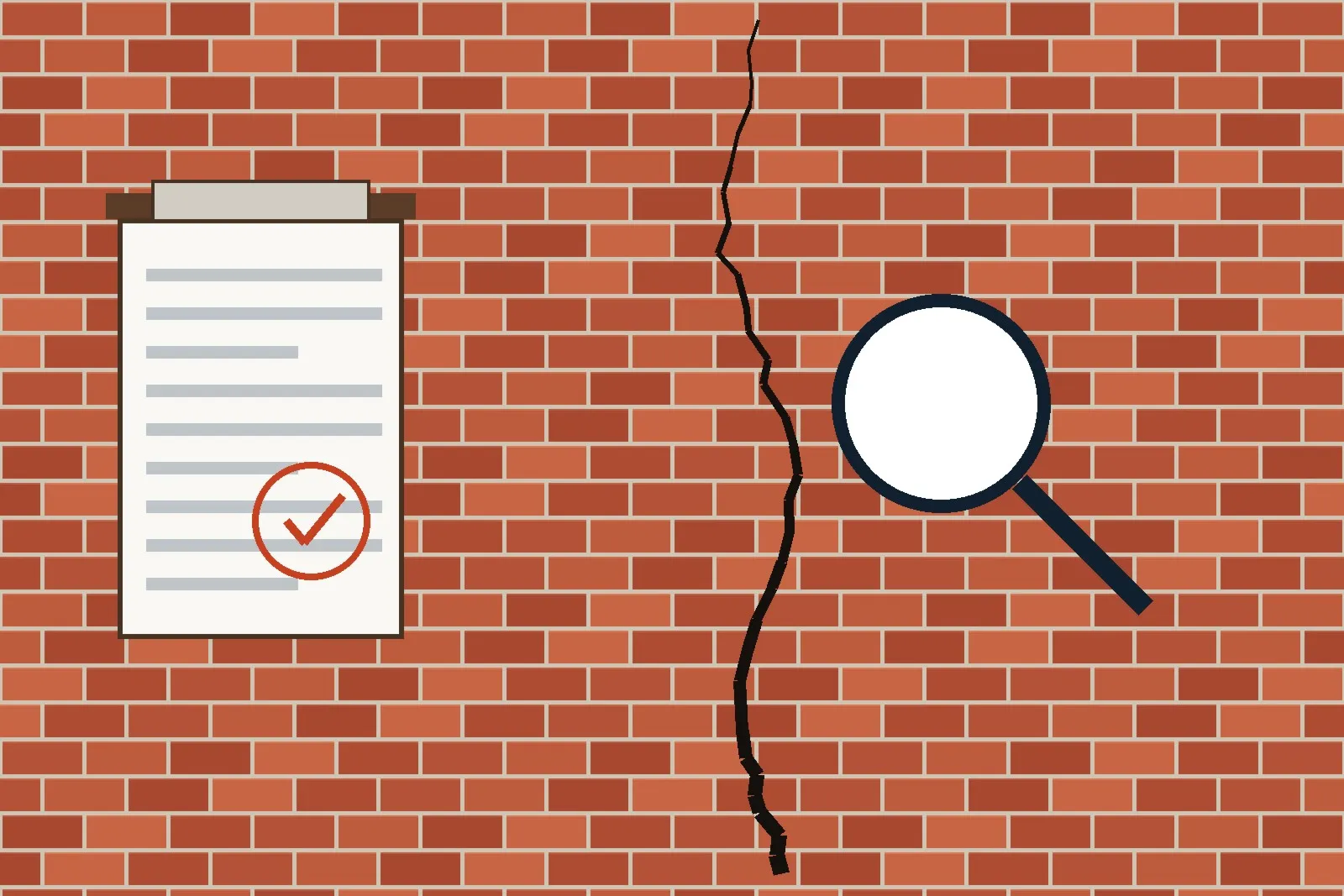 A structural engineer's inspection report on a clipboard next to a cracked brick wall, with a magnifying glass examining the crack