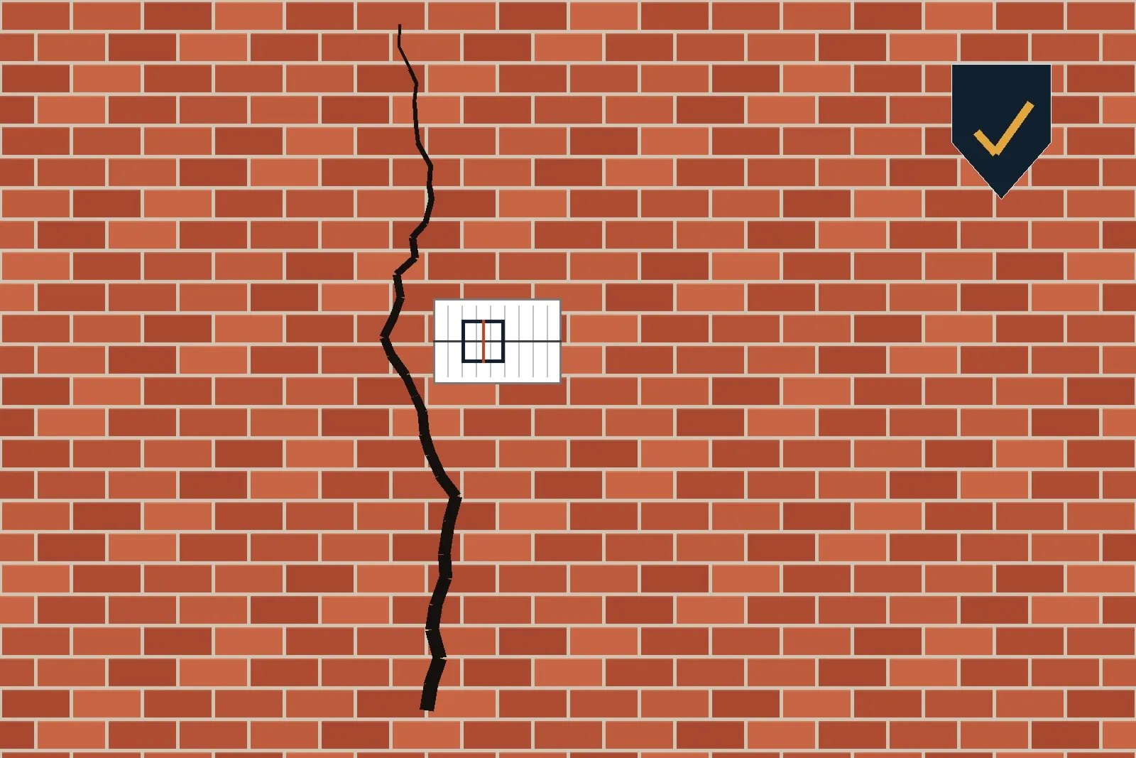 A diagonal crack in a brick wall with a monitoring tell-tale gauge fixed across it